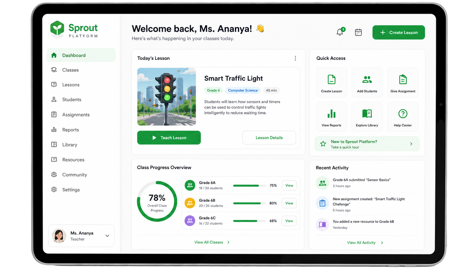Sprout Platform teacher dashboard shown on a tablet